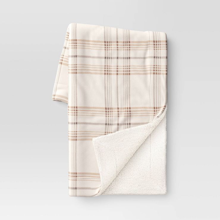 Plaid Printed Plush Christmas Throw Blanket with Faux Shearling Reverse Ivory/Gray - Threshold™ | Target