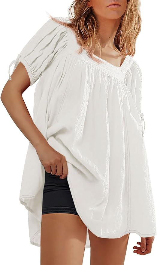 Tankaneo Womens Square Neck Babydoll Tops Summer Puff Short Sleeve Tunic Shirts Casual Loose Fit ... | Amazon (US)