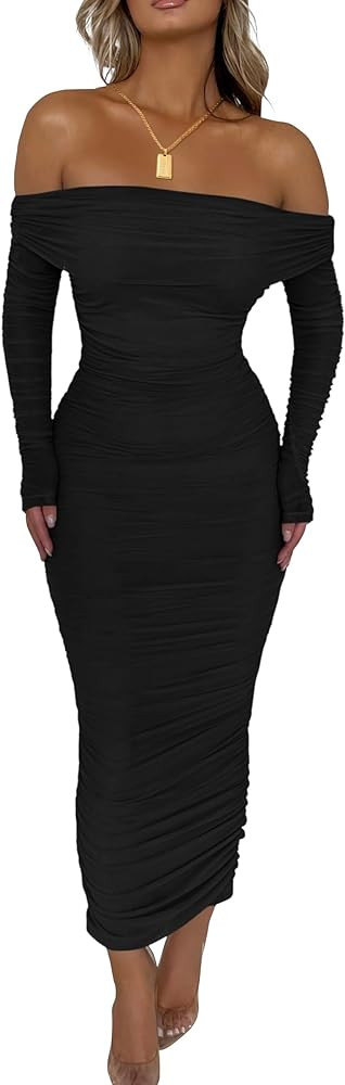 PRETTYGARDEN Women's Fall Off Shoulder Maxi Bodycon Dress Long Sleeve Ruched Fitted Club Dresses ... | Amazon (US)