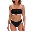ZAFUL Women Strapless Bandeau Bikini Shell 2 Piece Swimwear Cheeky Solid Lace up Pom Bathing Suit... | Amazon (US)