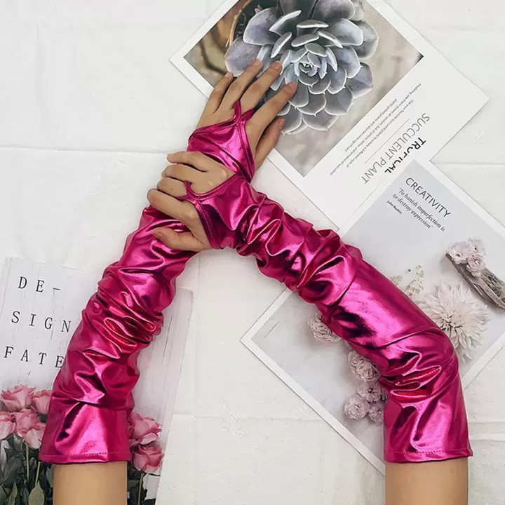 Street 1pair Rose Red Coated Leather Elbow Length Dress Gloves For Stage Performance, Singing Con... | SHEIN