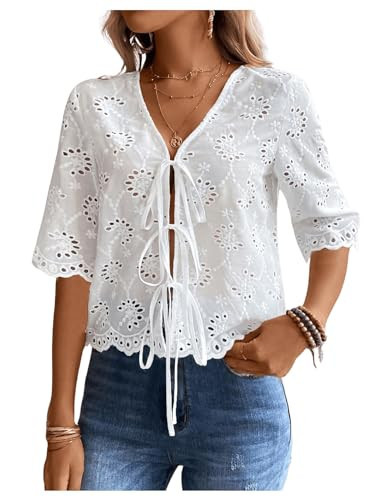 Floerns Women's Tie Front 3/4 Sleeve Scallop Hem Eyelet Embroidery Blouse Top White Large | Amazon (US)