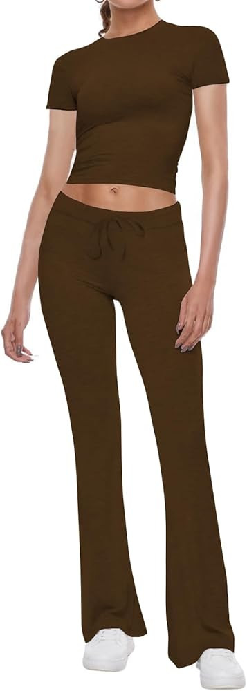 Women's 2 Piece Lounge Sets Drawstring Waist Straight Leg Matching Sets Short Sleeve Crop Top Tra... | Amazon (US)