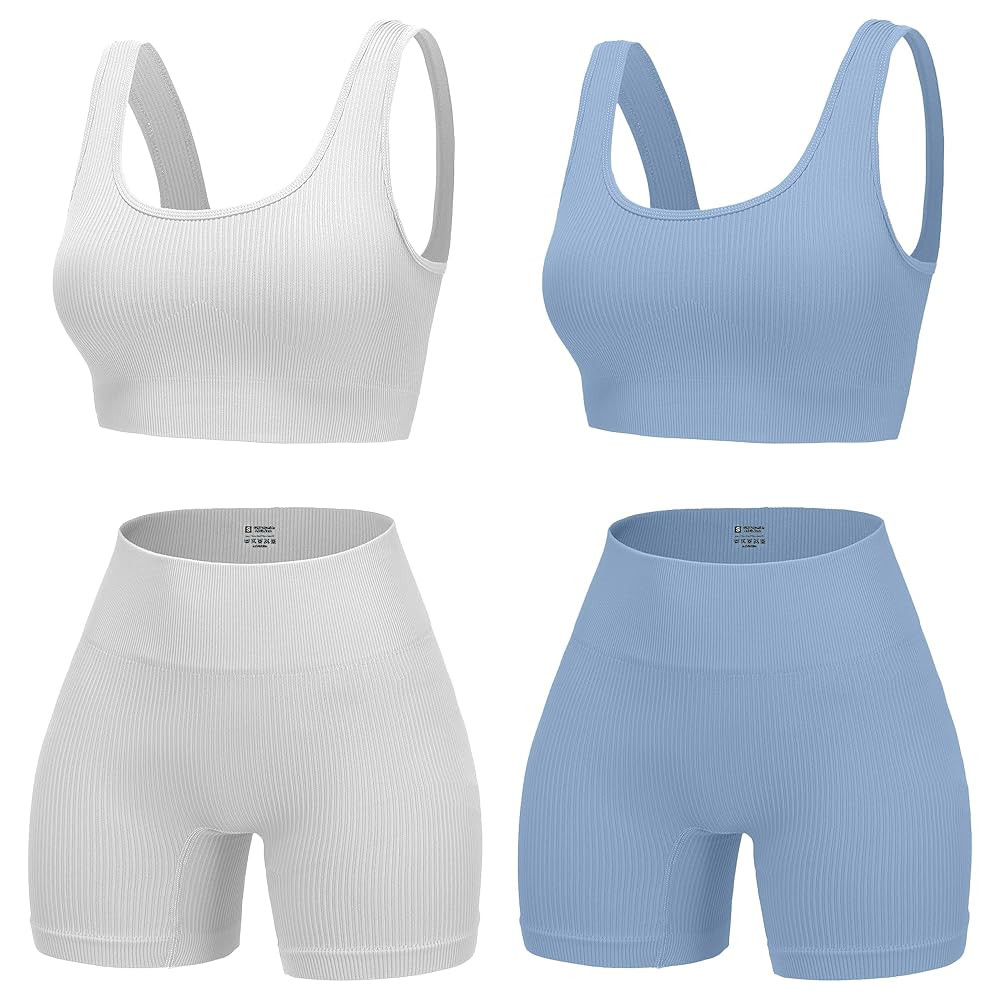 4 Piece Workout Sets for Women Seamless Ribbed High Waist Yoga shorts with Sports Bra Outfits | Amazon (US)