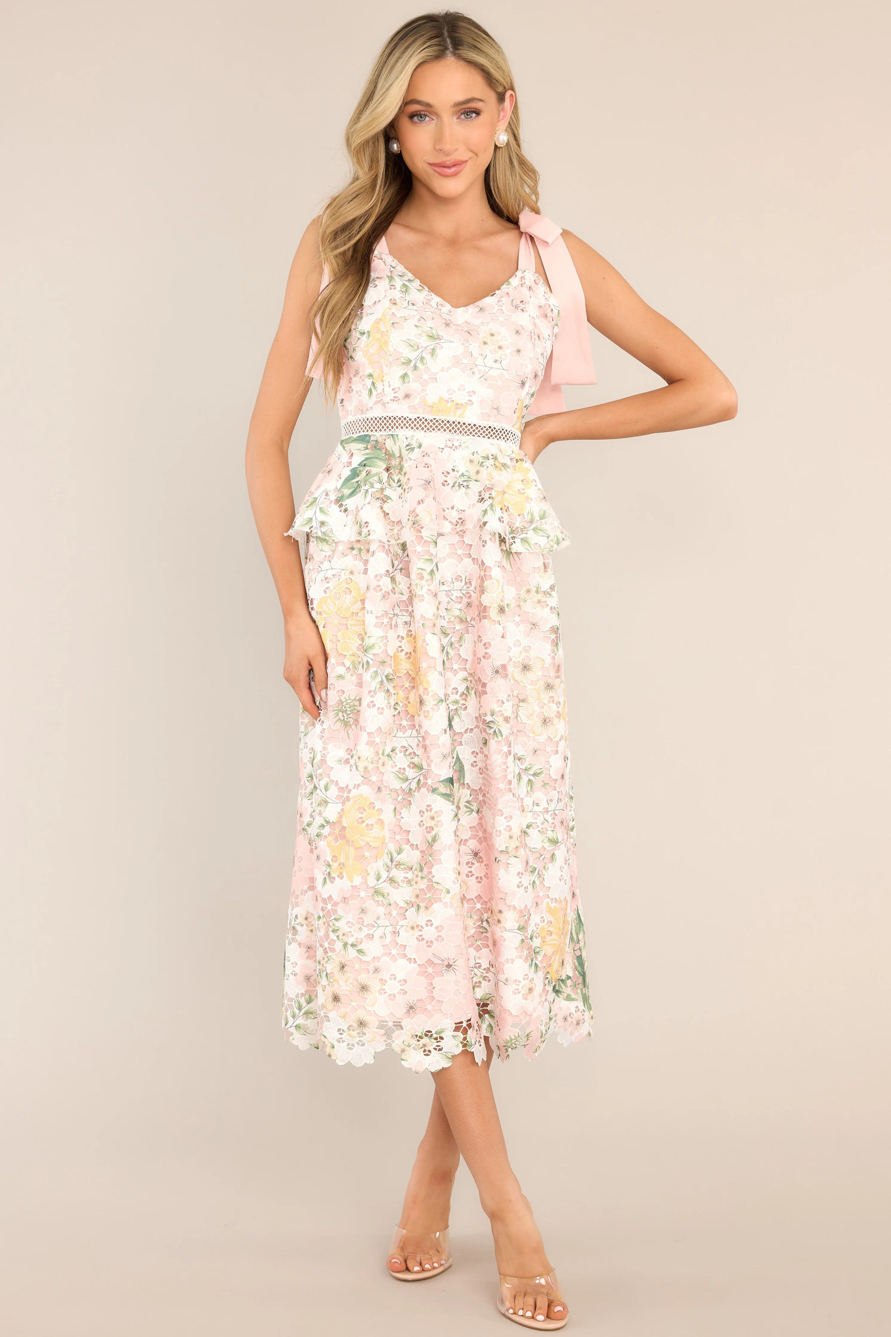 Remembering Spring Peach Lace Floral Midi Dress | Red Dress 
