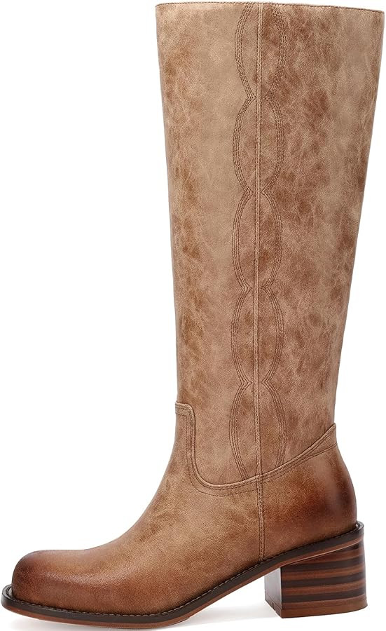 Womens Knee High Boots Square Toe Chunky Block Heel Long Boots Comfortable Low Heel Boots Wide Ca... | Amazon (US)