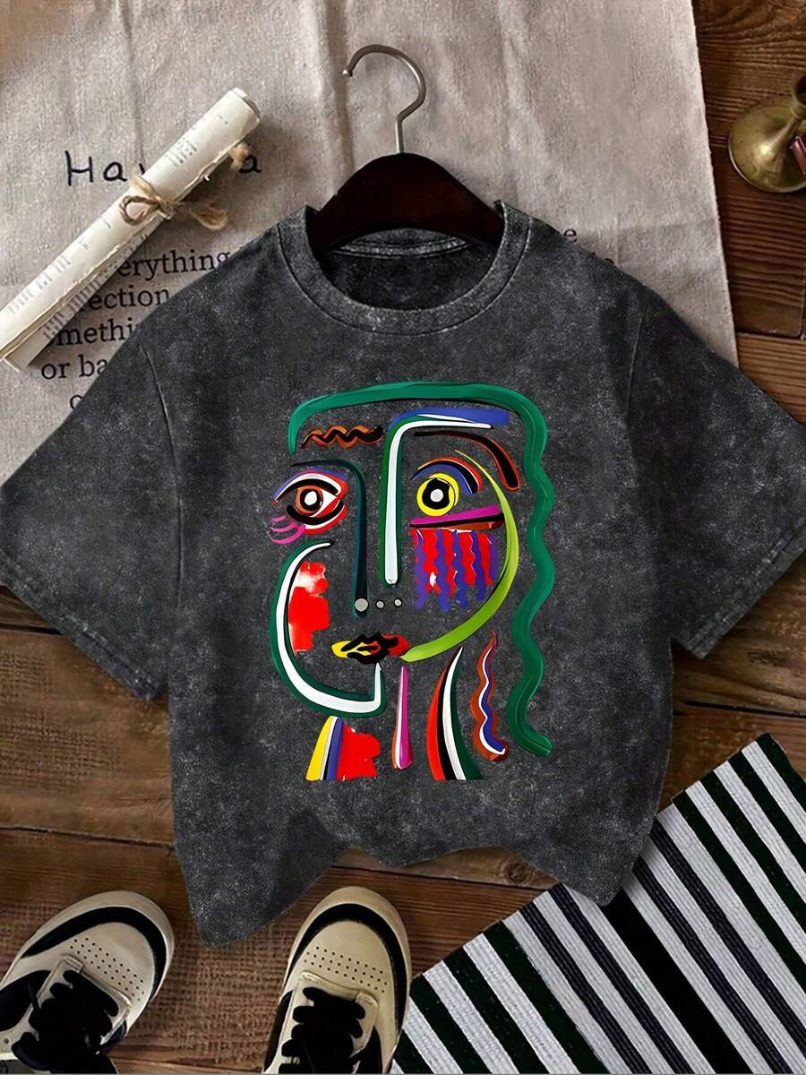 LocalGraphic Tees Round Neck T-Shirt With A Retro Casual Style Featuring An Abstract Face Graphic... | SHEIN