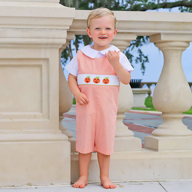 Smocked Jack O'Lantern Orange Jon Jon | Classic Whimsy