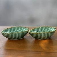 Ceramic bowls, 'Banana Leaf' (pair) (Indonesia) | Novica