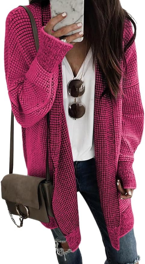 Sidefeel Womens 2025 Fall Outfits Long Sleeve Open Front Cardigan Sweaters Oversized Checkered Ch... | Amazon (US)