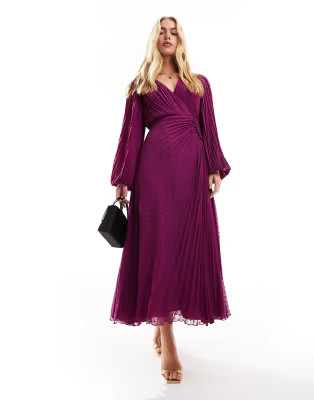 ASOS DESIGN pleated textured chiffon wrap button detail maxi dress in magenta purple | ASOS | ASOS (Global)