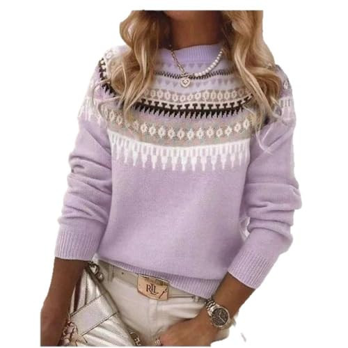 Womens Casual Vintage Fair Isle Sweater Raglan Sleeve Crew Neck Knitted Pullover Comfy Warm Fall Tops Purple | Amazon (US)