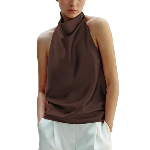 Maohao Women's Silk Satin Tank Tops Halter Draped Front Sexy Backless Womens Summer Tops Elegant Camisole Tops (Brown,S) | Amazon (US)