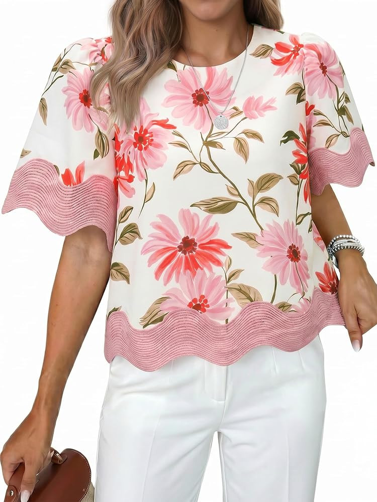 Tankaneo Womens Short Sleeve Crop Tops Summer Casual Scalloped Flowy Blouse Crewneck Ruffle Loose... | Amazon (US)