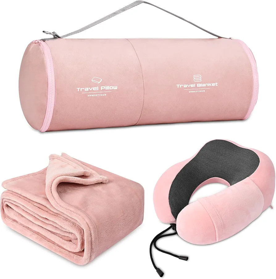 urnexttour Neck Pillow and Blanket Set Travel Pillows Travel Essentials for Airplane Sleeping Car Memory Foam Pink | Amazon (US)