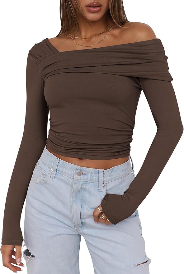 ANRABESS Womens One Off Shoulder Shirts Long Sleeve Going Out Crop Tops Ruched Tight Casual Blous... | Amazon (US)