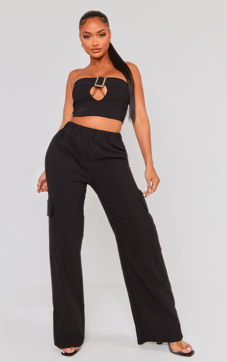 Shape Black Stretch Woven Buckle Bandeau Crop Top | PrettyLittleThing US