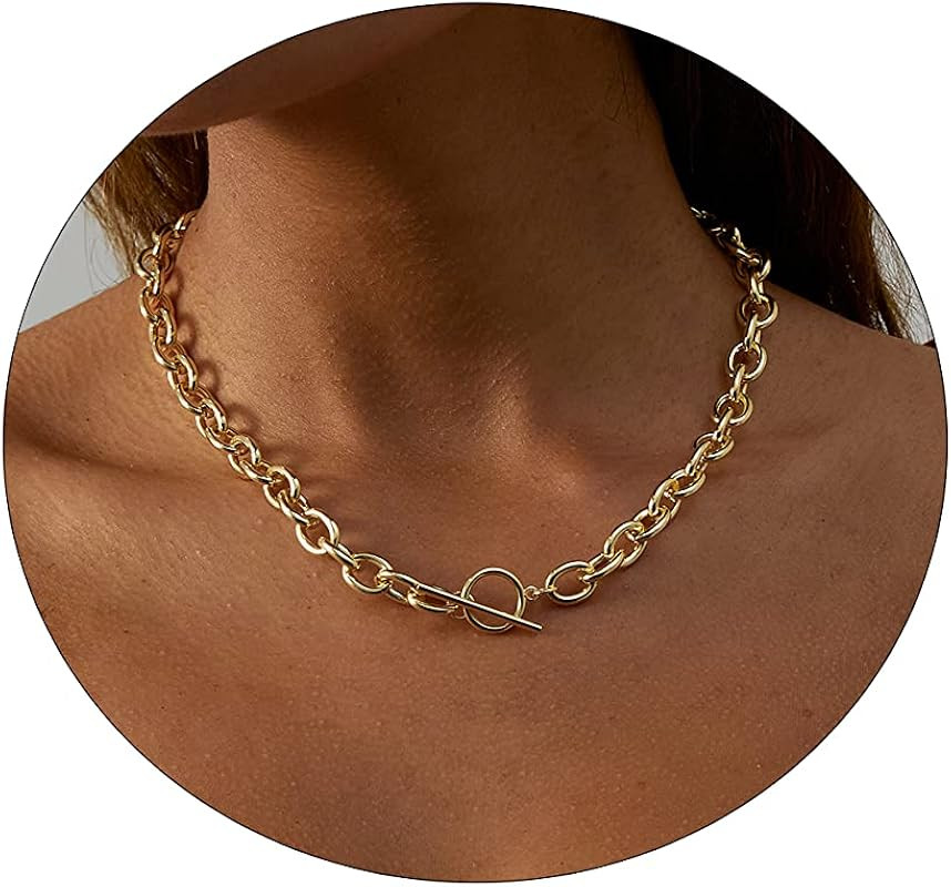 Chunky Gold Toggle Necklace 18K Gold Plated Pearl Vintage Paper Clip Link Chain Shining Twisted R... | Amazon (US)