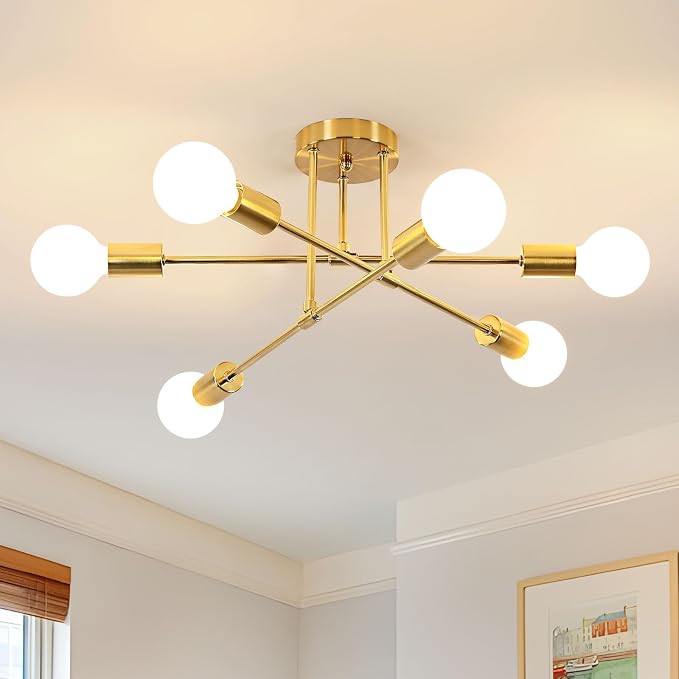 DELIPOP Modern Sputnik Chandelier, 6-Light Gold Industrial Metal Semi Flush Mount Ceiling Light, ... | Amazon (US)