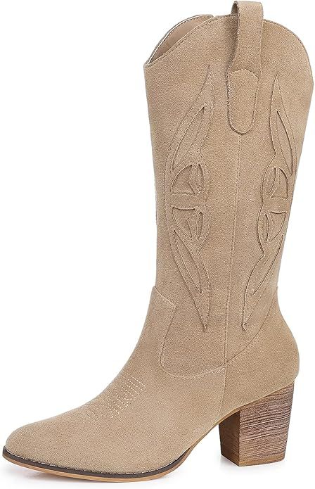 SHIBEVER Cowboy Boots for Women Embroidered Western Cowgirl Mid Calf Boots Chunky Heeled Round To... | Amazon (US)