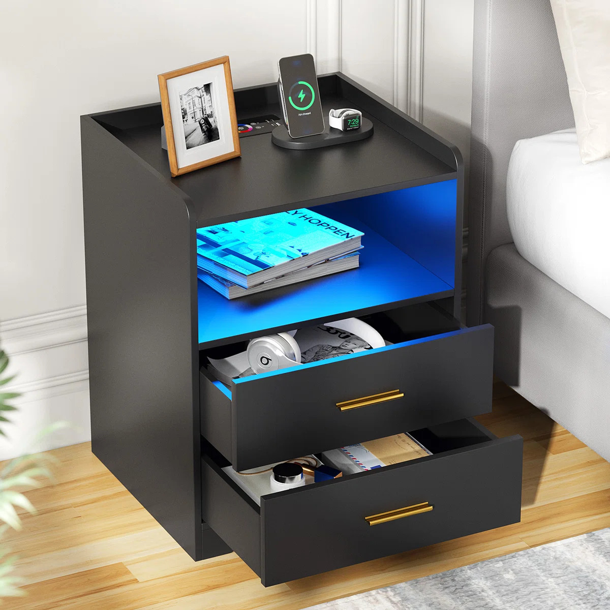 17.7"2-Drawers Modern Nightstand With 20-Color RGB Lighting and Motion Sensor | Wayfair North America
