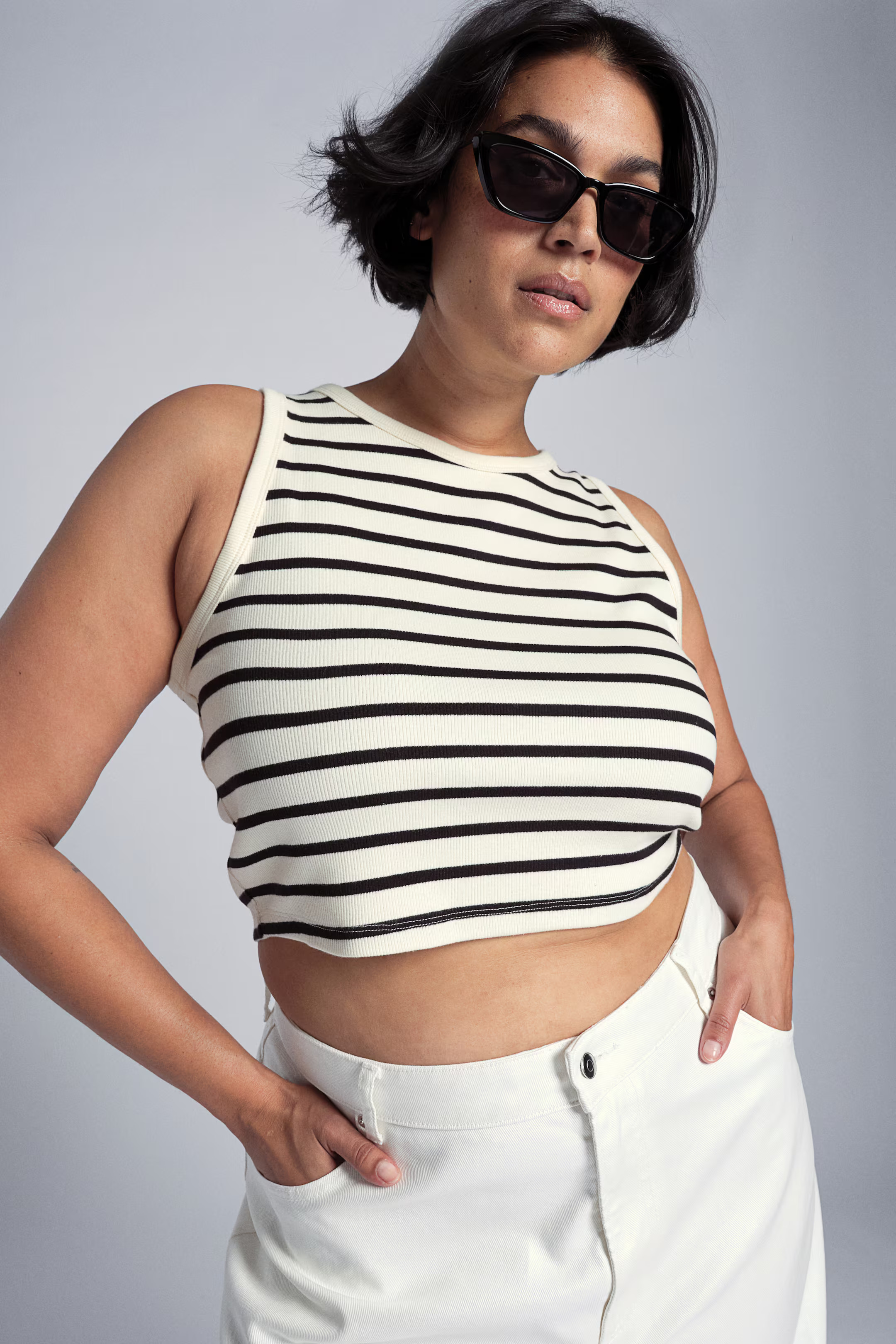 Crop Tank Top - Cream/black striped - Ladies | H&M US | H&M (US + CA)