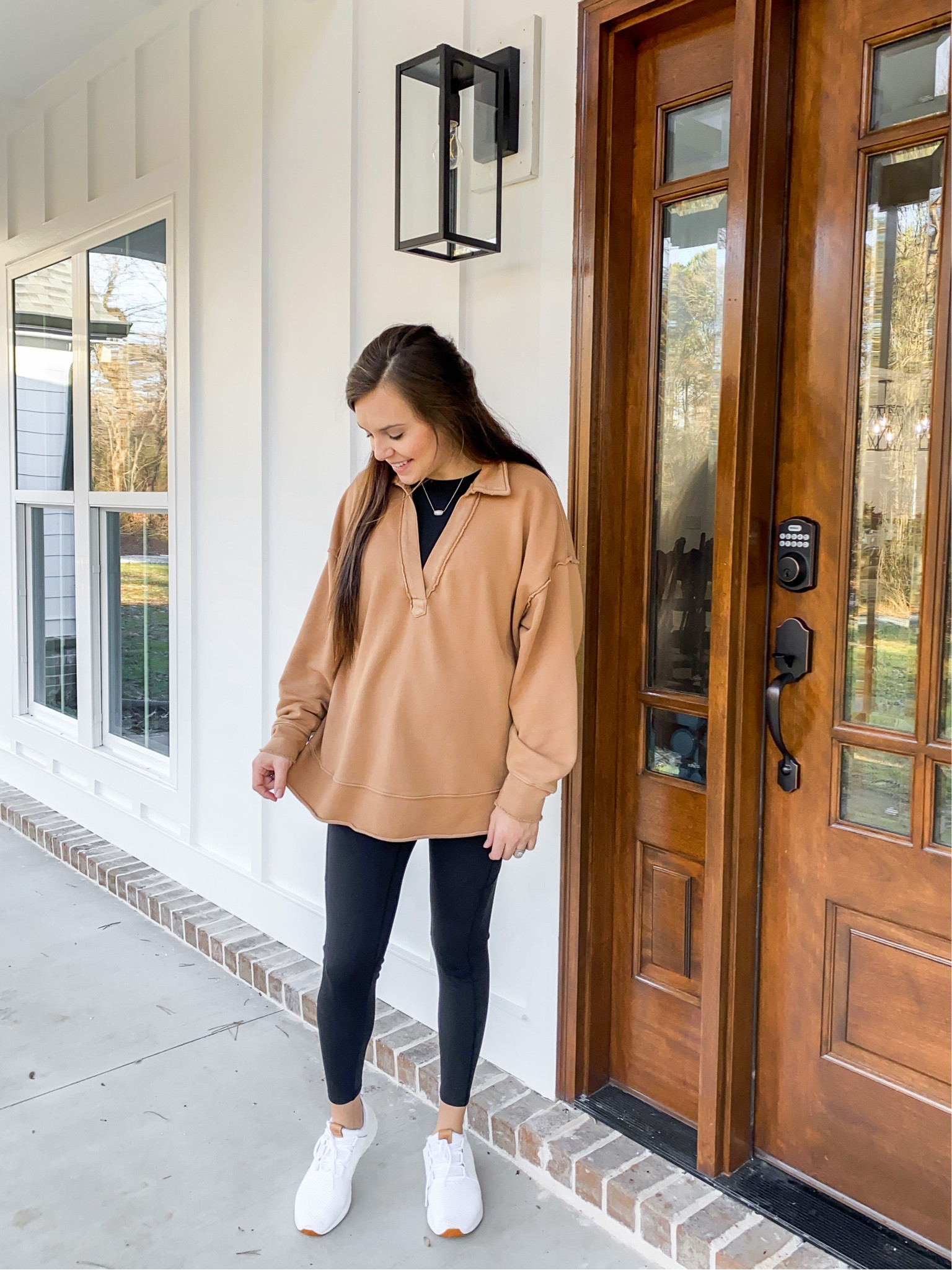 Oversized polo sweatshirt paired with crew neck tank top, womens workout leggings and athletic running shoes!! 
Maternity and bump friendly
#LTKshoecrush #LTKsalealert 

#LTKbump #LTKFind #LTKfit