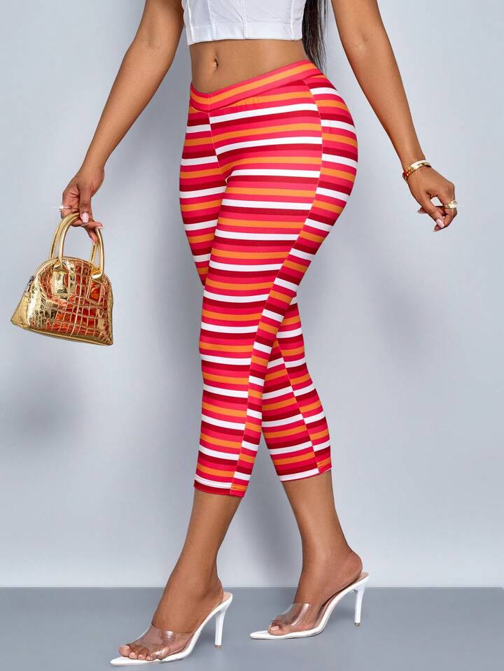 SOLERSUN Women's Fashionable Rainbow Stripe Print Cropped Leggings, Tight Yoga Pants (Random Prin... | SHEIN