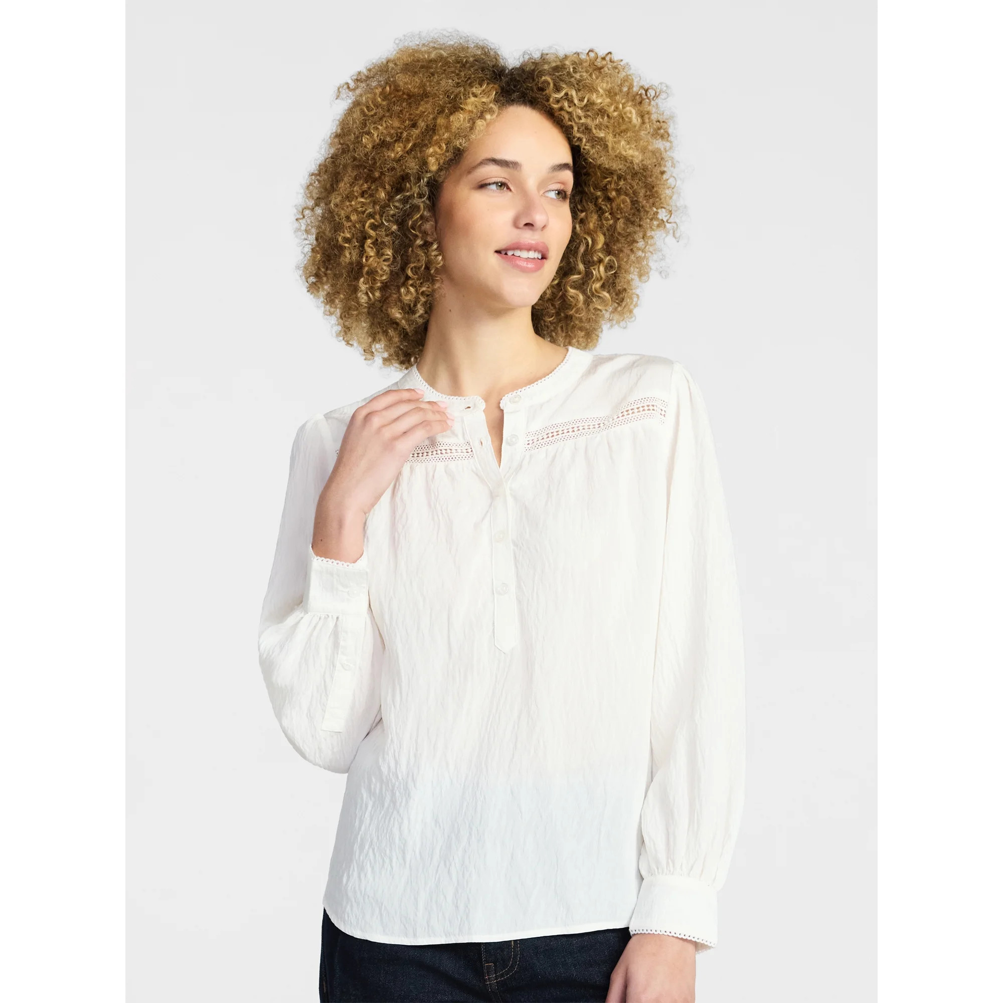 Time and Tru Women's Lace Yoke Half Button Shirt with Long Sleeves Sizes XS-XXXL | Walmart (US)