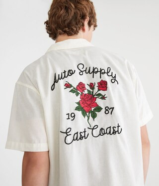 Short Sleeve Roses Auto Supply Boxy Linen Camp Shirt | Aeropostale