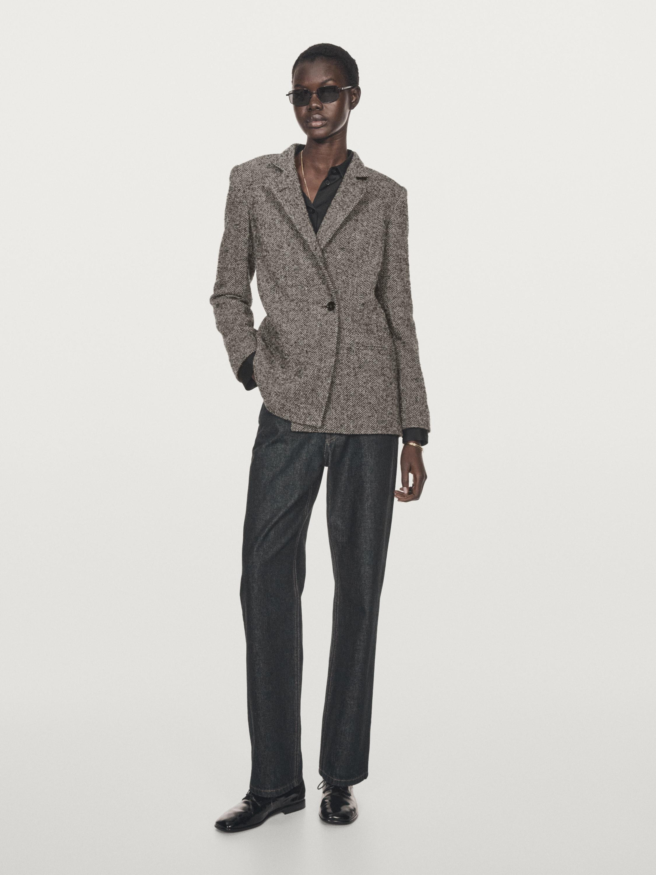 Herringbone wool blend blazer with high collar | Massimo Dutti UK