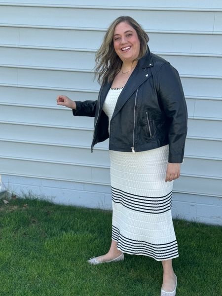 Plus size casual dress outfit! Love this leather jacket from Mango! Wearing the 3X here (4X is 22). 

Dress is like a sweater material and so lightweight. True to size. I am wearing some shaping underwear that don't have a panty line but help hold me in comfortably. True to size:  