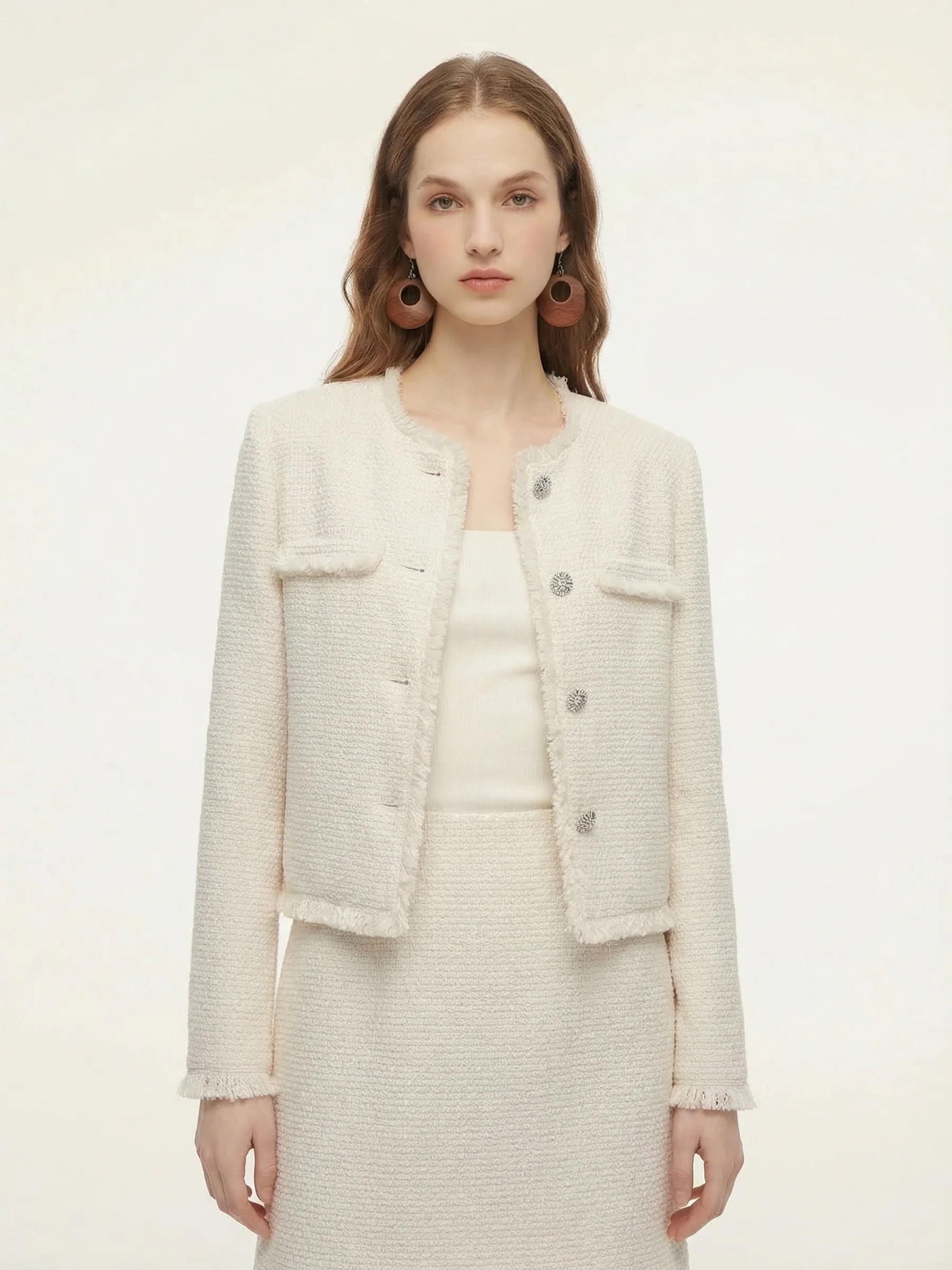 Chaqueta para mujer de mezcla de lana con ribete de flecos de tweed | GOELIA