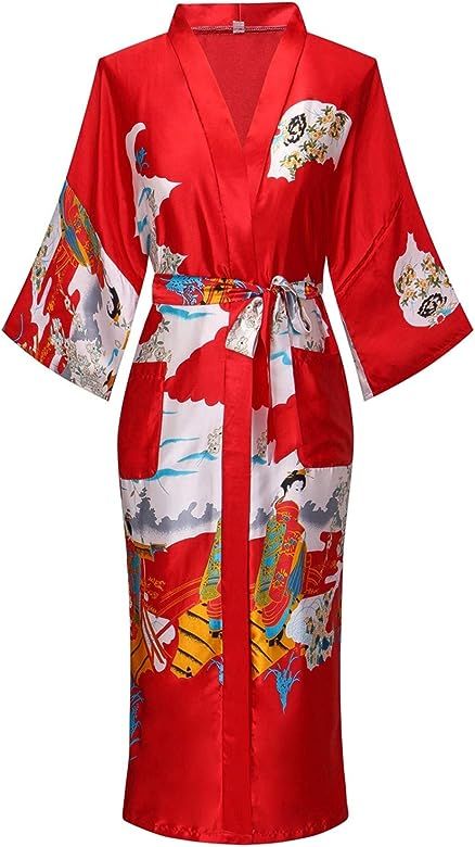 Women's Floral/Patterned Silky Kimono Robes Long Satin Bathrobes Sleepwear Loungewear | Amazon (US)