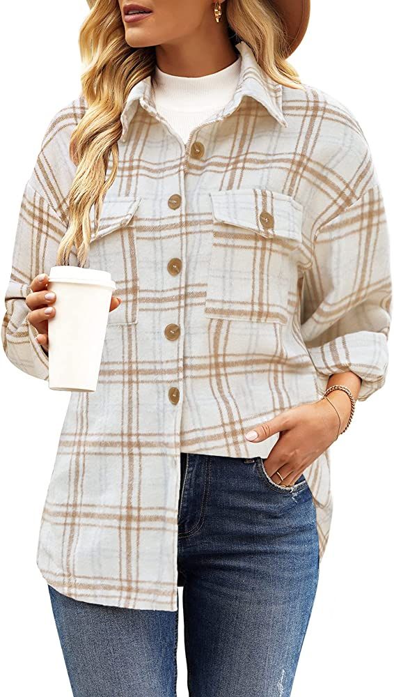 GRAPENT Womens Shacket Jacket Oversized Plaid Flannel Button Down Shirt Jackets Long Sleeve Coats | Amazon (US)