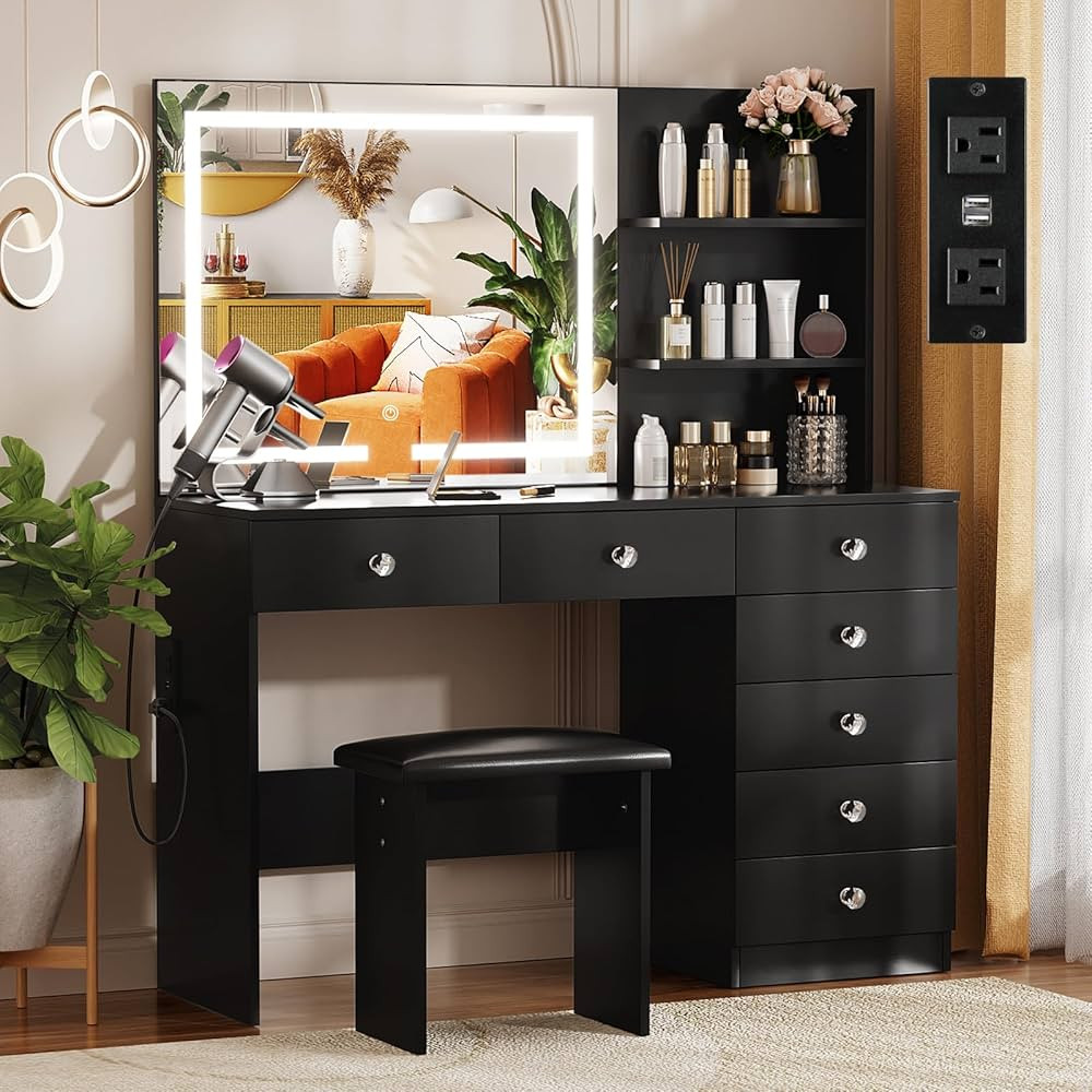 VOWNER Vanity with Lighted Mirror - 47" Makeup Vanity Desk with 7 Drawers, 3 Storage Shelves and ... | Amazon (US)