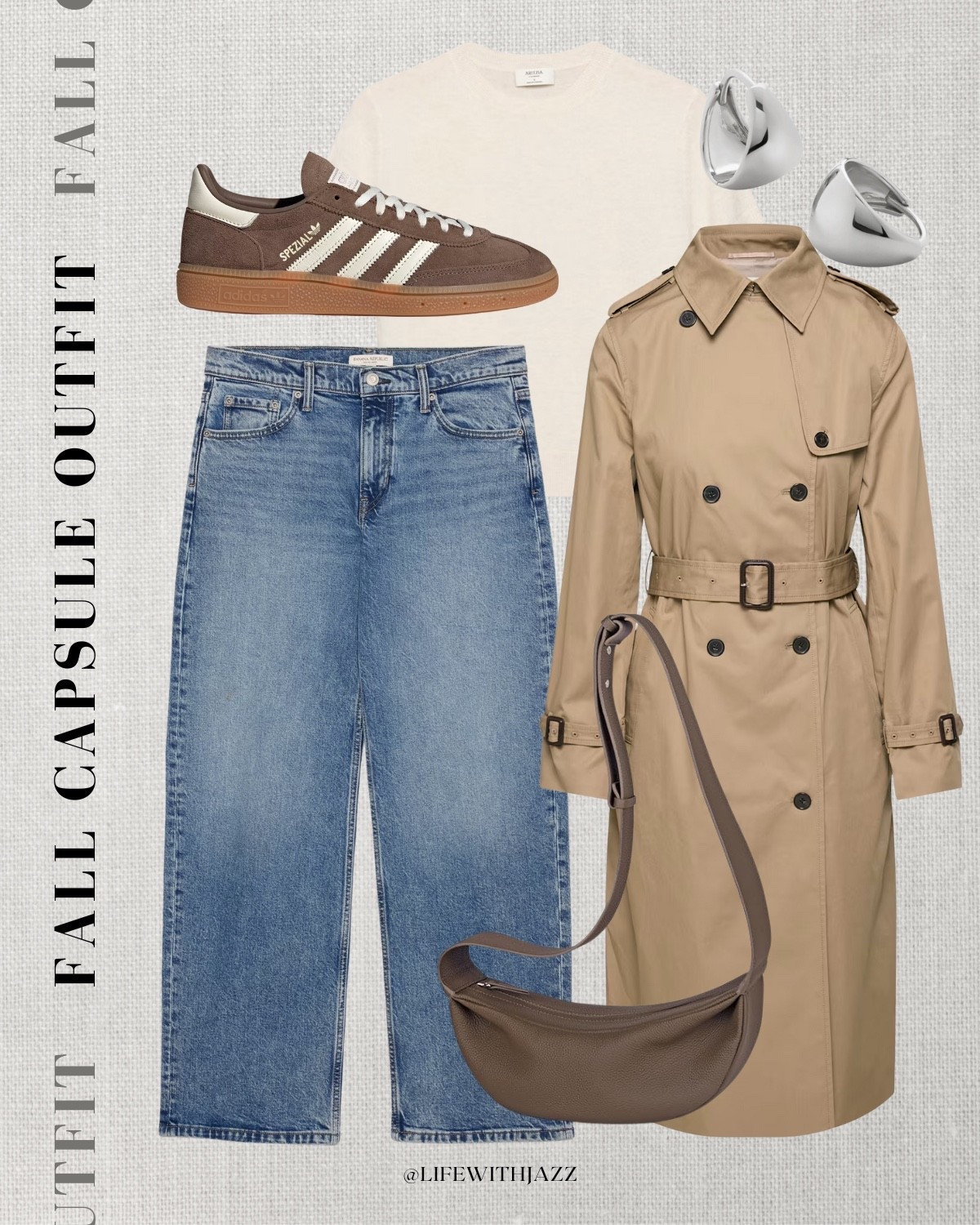 fall capsule outfit 

fall style /smart casual / trench coat / cashmere tee / relaxed jeans / adidas handball spezial / silver earrings / casual bag / fc25 

 

#LTKSeasonal #LTKStyleTip