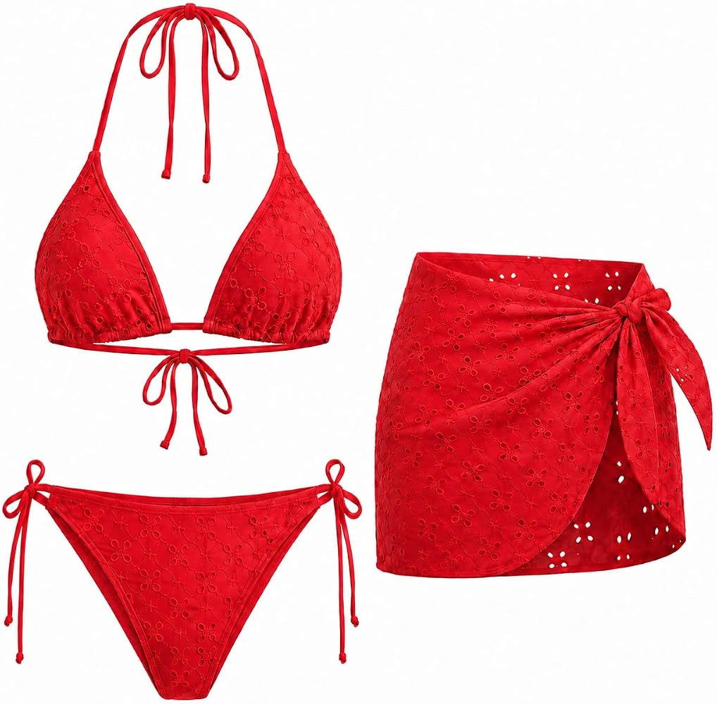 Women's 3 Piece Swimsuit Triangle Halter Bikini Set Side Tie with Cover Up | Amazon (US)