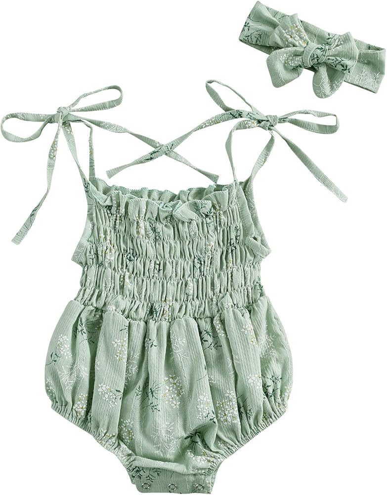 Madjtlqy Newborn Baby Girl Summer Jumpsuit Floral Printed Tied Bow Sling Romper with Headband One Pi | Amazon (US)