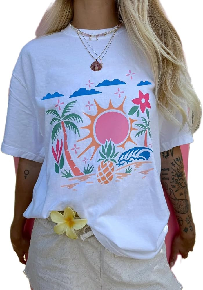 Women Y2k Oversized Graphic T Shirt Teen Girl Preppy Floral Print Short Sleeve Loose Fit Tees Aes... | Amazon (US)