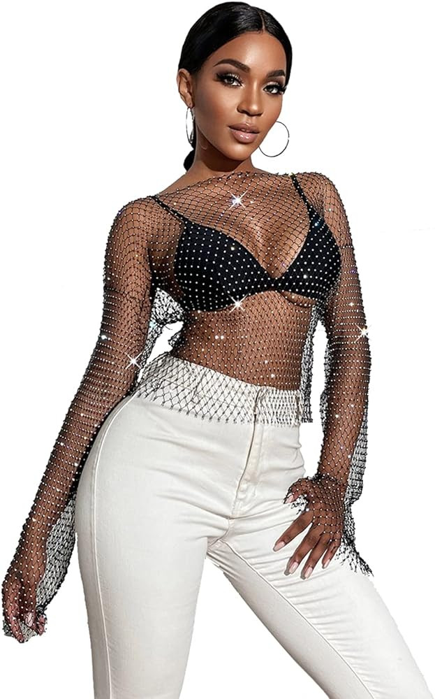 Sheer Long Sleeve Tops for Women Plus Size Tight Rhinestone See Through Mesh Crop Top Off Shoulde... | Amazon (US)