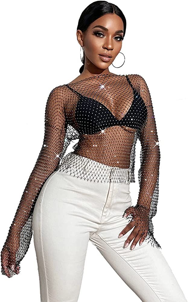 Sheer Long Sleeve Tops for Women Plus Size Tight Rhinestone See Through Mesh Crop Top Off Shoulde... | Amazon (US)