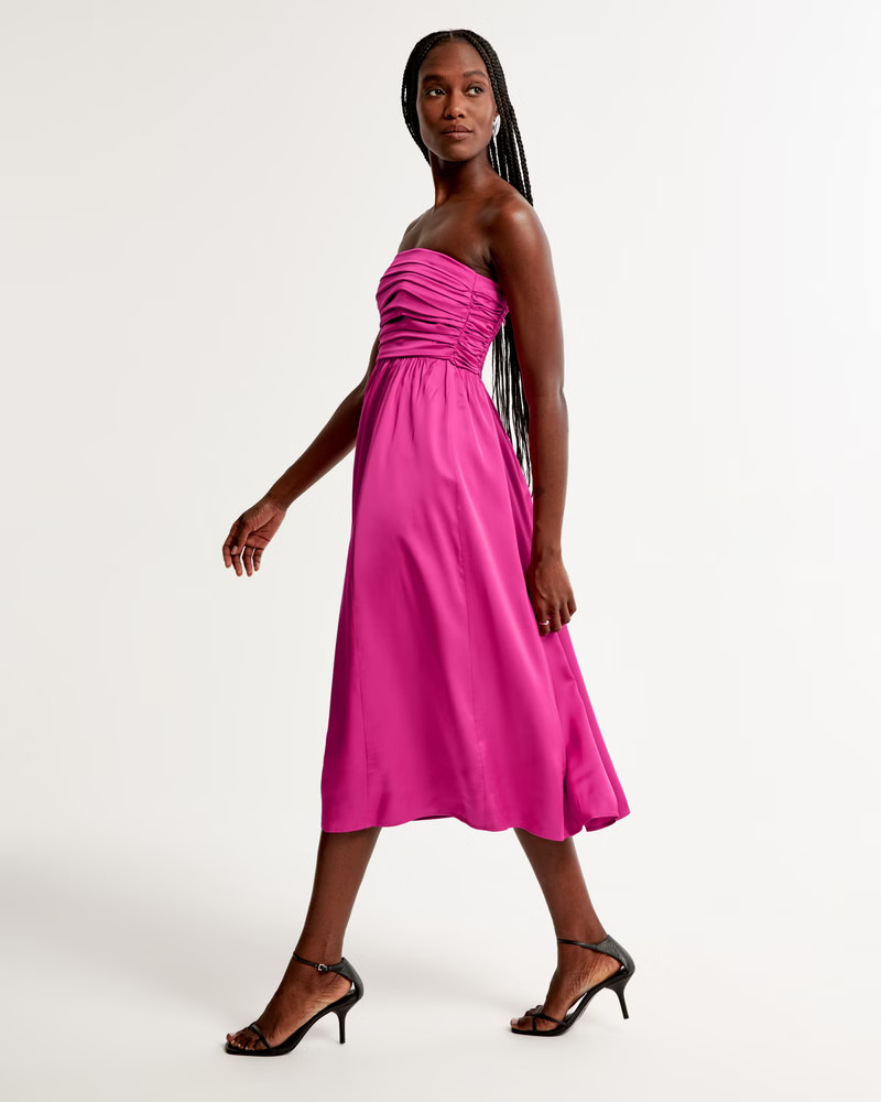 Emerson Ruched Strapless Midi Dress | Abercrombie & Fitch (US)