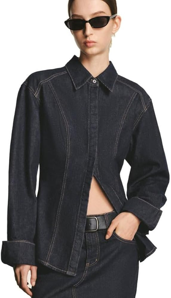 Half Open Front Denim Jackets For Women Trendy Slit Hem Long Sleeve Jean Jacket Casual Button Dow... | Amazon (US)