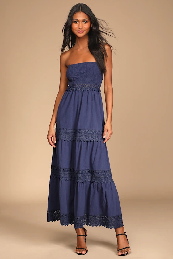 Season of Sunshine Navy Blue Strapless Tiered Maxi Dress | Lulus (US)