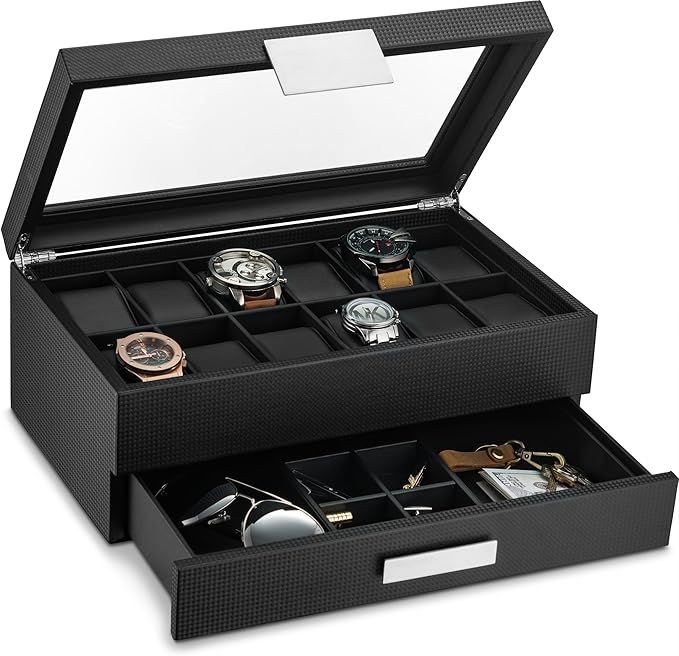 Glenor Co Watch Box with Valet Drawer for Men - 12 Slot Luxury Watch Case Display Organizer, Carb... | Amazon (US)