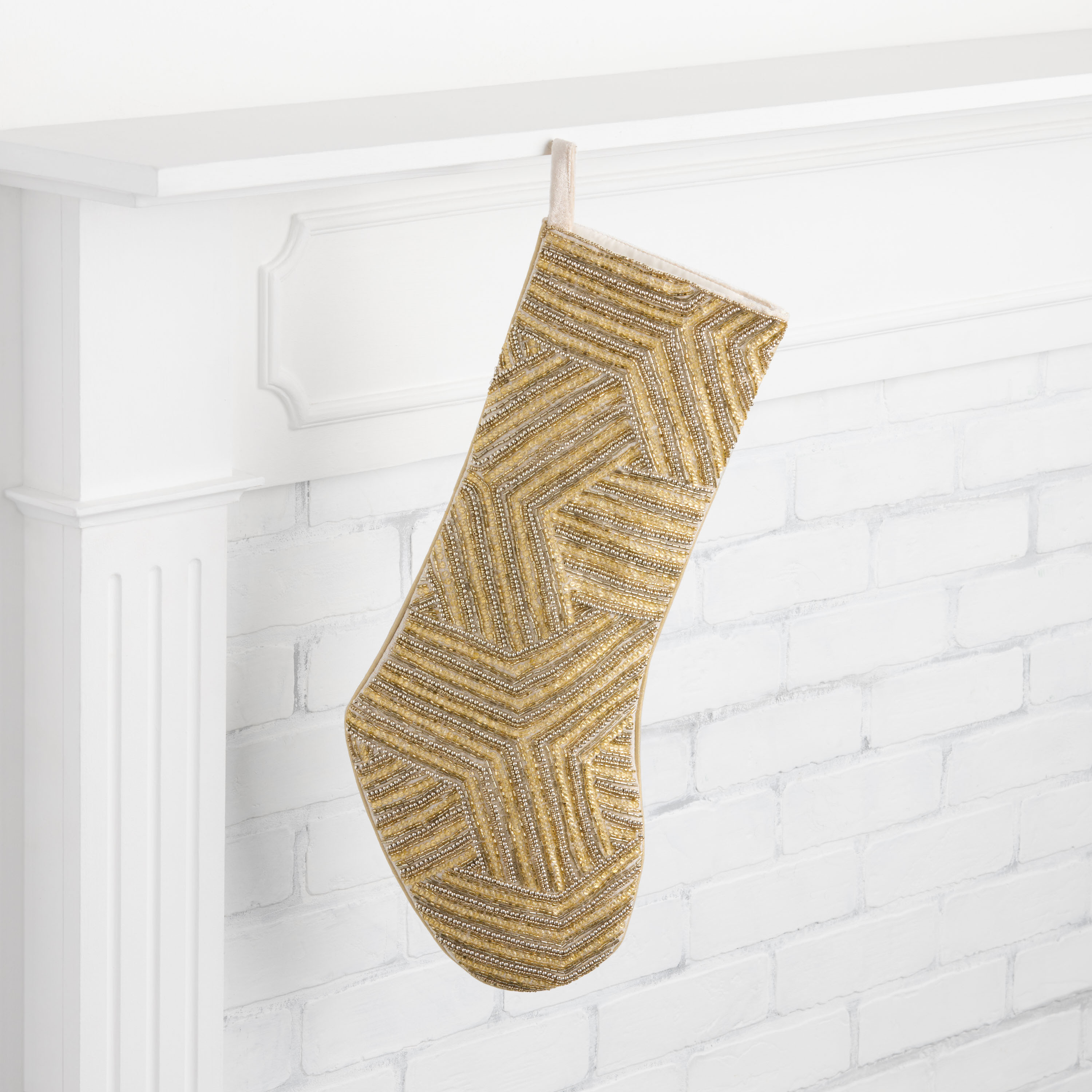 Gold Geometric Beaded Christmas Stocking | World Market