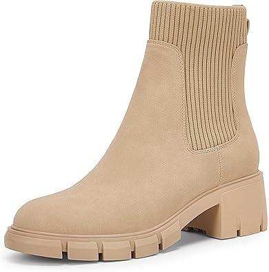 Womens Platform Lug Sole Chelsea Ankle Boots Slip On Chunky Block Heel Elastic Combat Booties | Amazon (US)