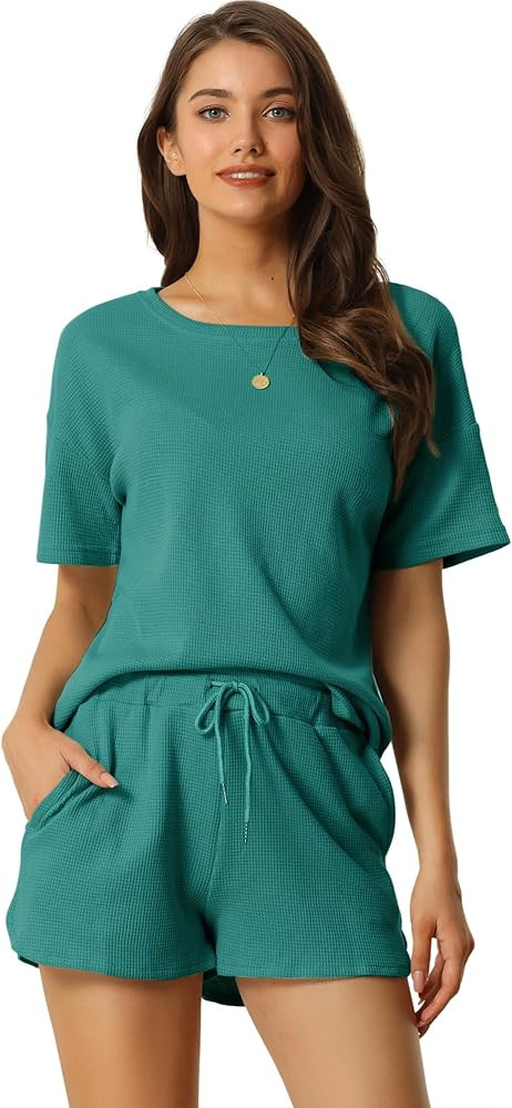 cheibear Womens Lounge Sets with Pockets Waffle Outfits T-shirt and Shorts Loungewear Sweatsuits | Amazon (US)