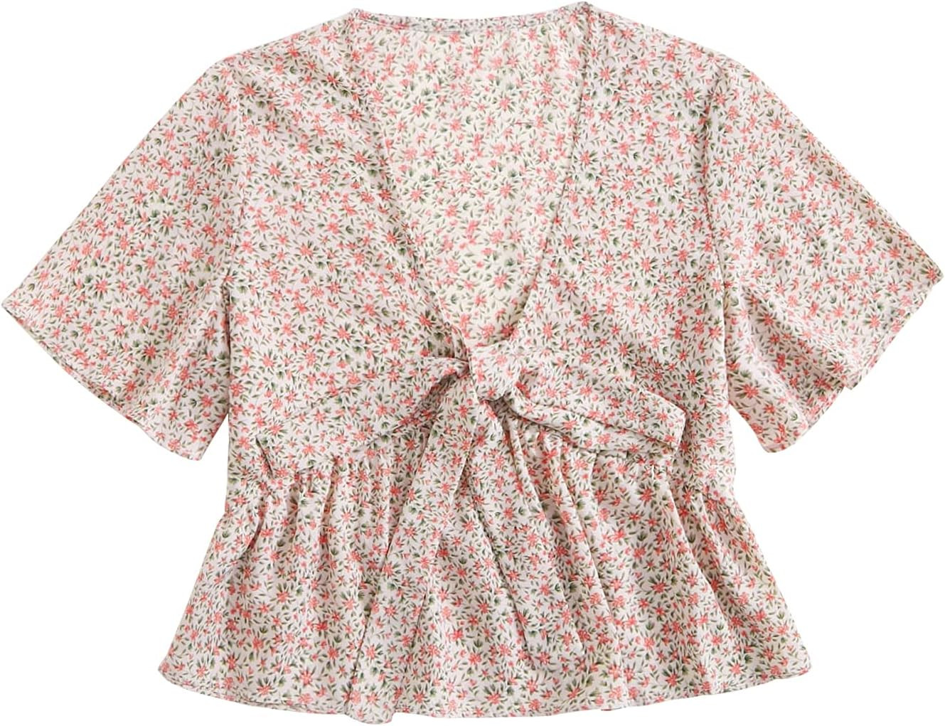 LYANER Women's Floral Print V Neck Tie Knot Ruffle Hem Short Sleeve Blouse Peplum Top | Amazon (US)